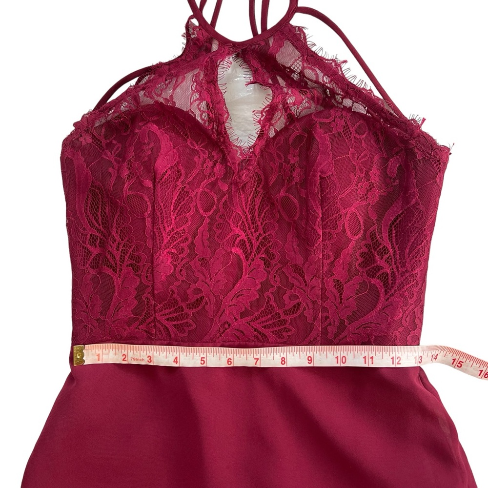 Hayley Paige Burgundy Halter Keyhole Lace Dress - Picture 9 of 12